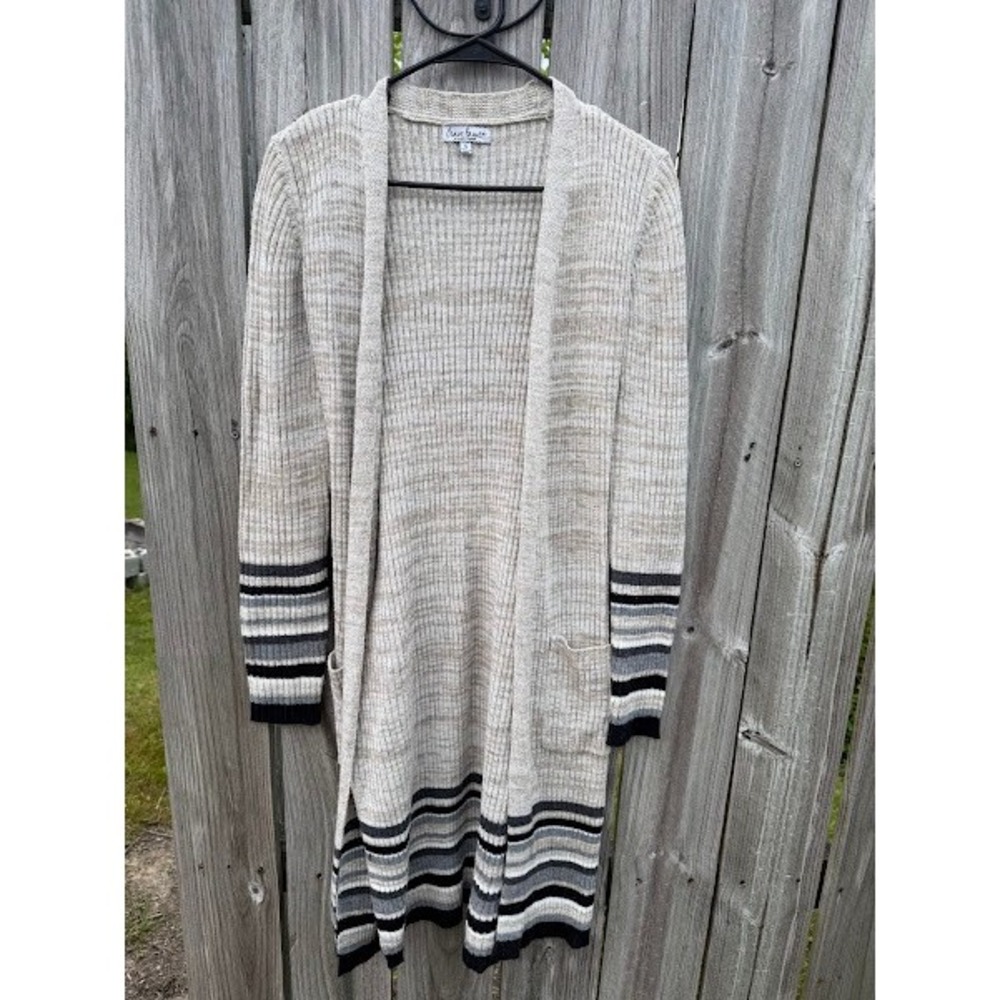 Crave Fame Almost‎ Famous Womens Small Oatmeal Ribbed Striped Longline Cardigan